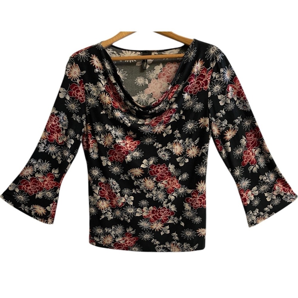 Olivia Paige Floral Cowl Neck Bell Sleeve Top Womens Large Black Red